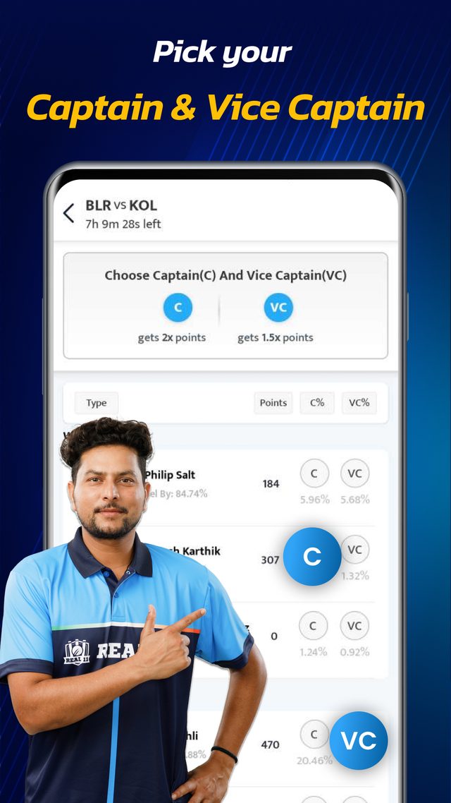 Captain and vice-captain screen from a Real11 promo. It prints 2x and 1.5x.