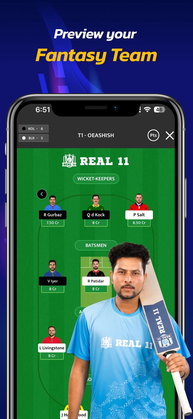Fantasy team preview from a Real11 promo.