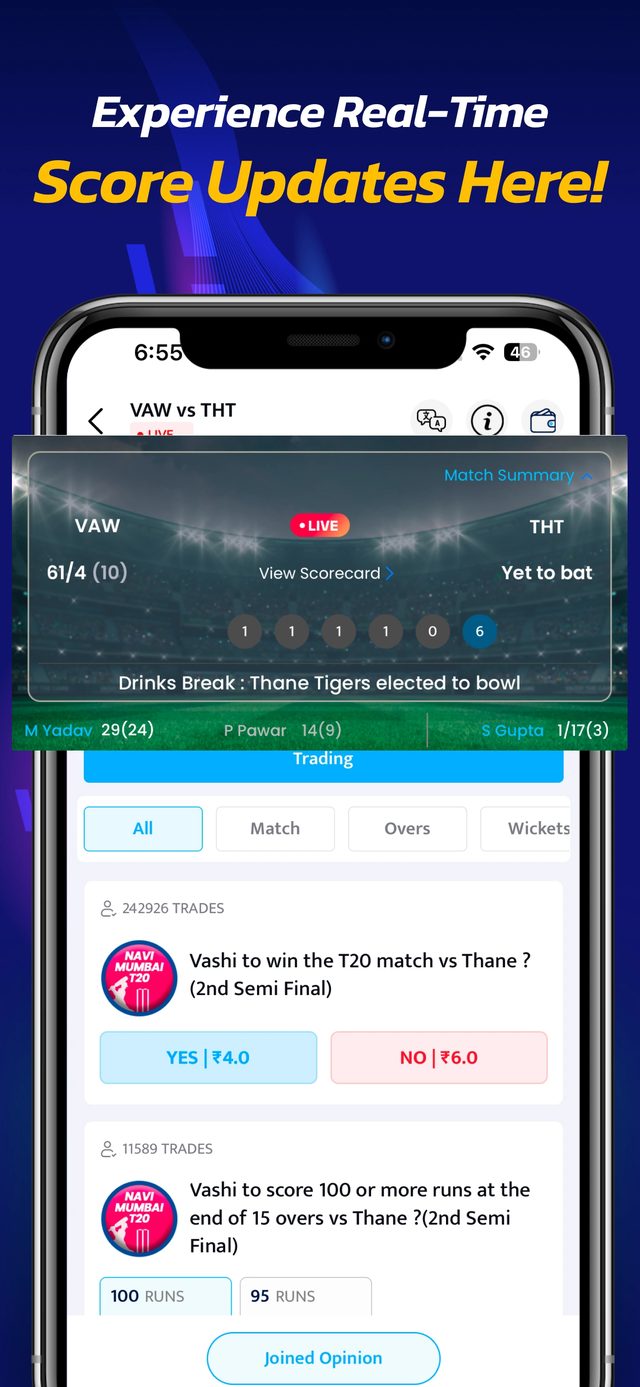 Live score screen from a Real11 promo.