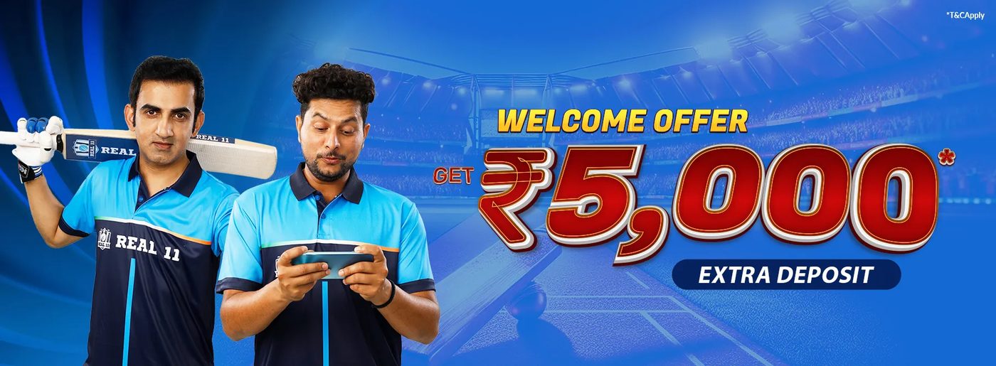 Welcome-offer banner from the Real11 site. It prints ₹5,000 with an asterisk.